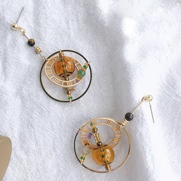 Time turner earrings spherical celestial science bohemian steampunk glass gold - Picture 2 of 3